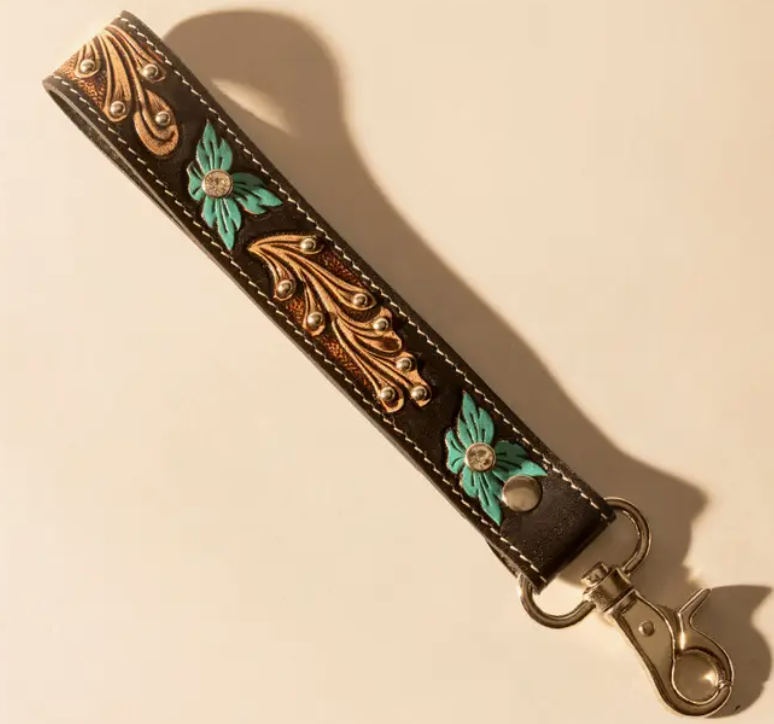 Wildhue Western Key Fob in Black with Turquoise Floral Hand tooled Detail