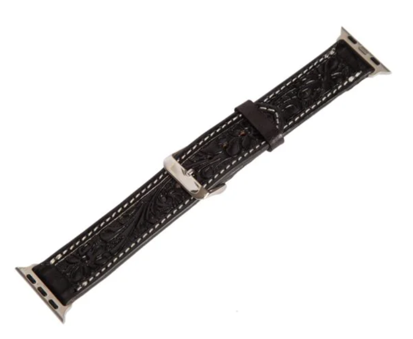 The Design Edge Tooling Leather Apple Watch Strap - Black Leather - WS100 - Watch Size 42/44/45mm
