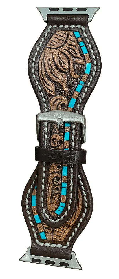 The Design Edge Tan Tooled Leather Rounded Apple Watch Strap with Turq Hand Paint - 38/40/41mm