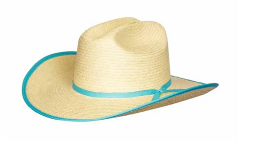 Sunbody Kids Cattleman Palm Leaf Hat - Natural/Turquoise - HGKC-BE-NTQ