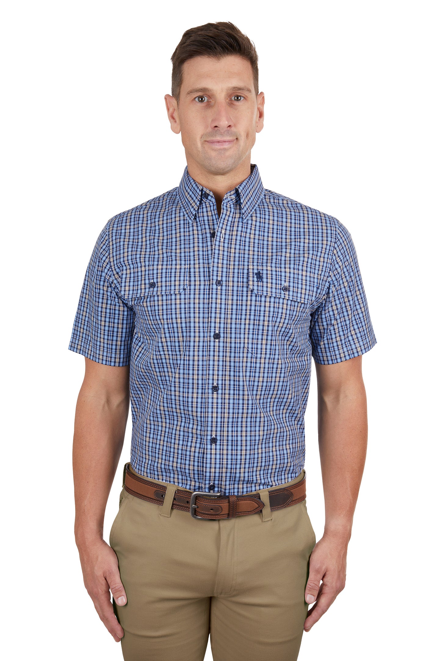 Thomas Cook Mens Gus Check 2-Pocket Short Sleeve Shirt - Navy/Tan