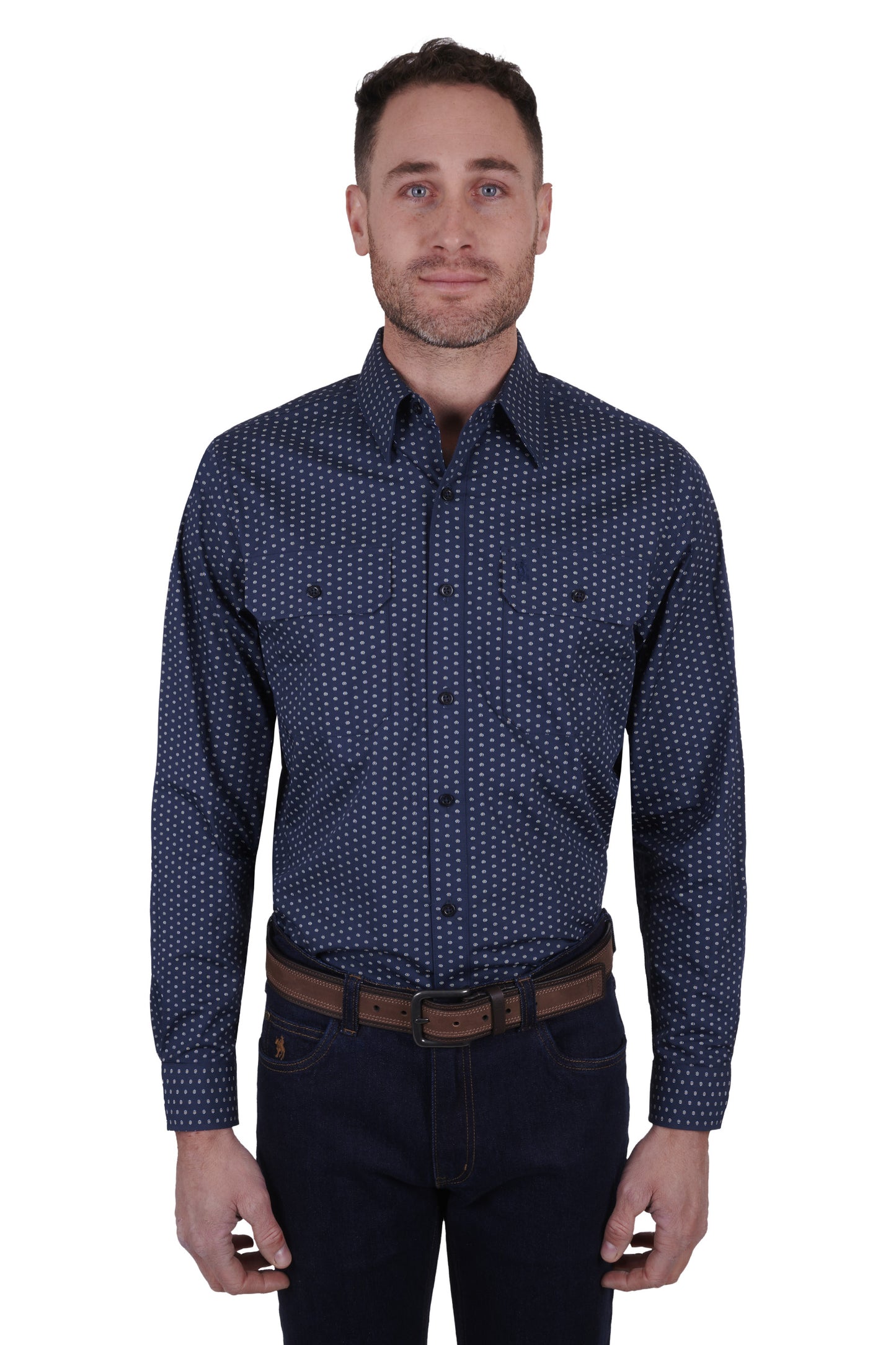 Thomas Cook Mens Glendale Print 2 Pkt L/S Shirt - Navy/Tan