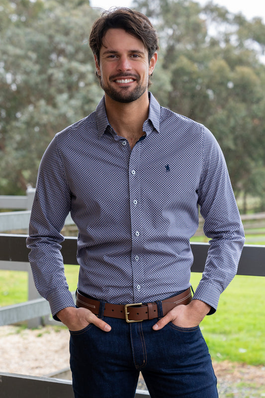 Thomas Cook Mens Stephen Print Tailored L/S Shirt - Navy/Tan