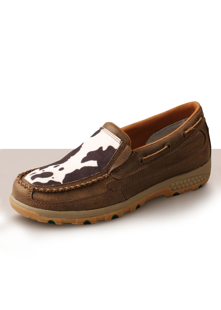 Twisted X Ladies Cow Cell Stretch Slip On Mocs - BlackWhite/Bomber - On Sale