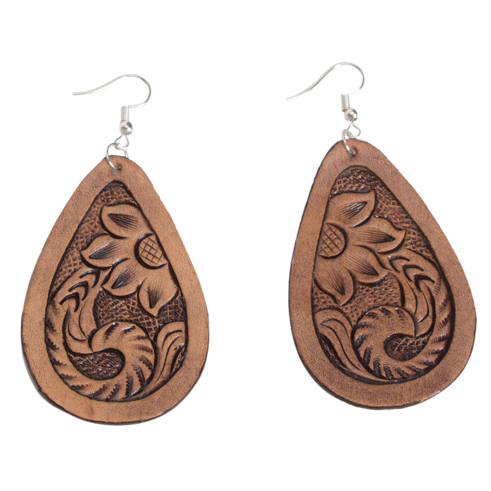 The Design Edge Ladies Tooled Pear Drop Leather Earrings - Dark Brown