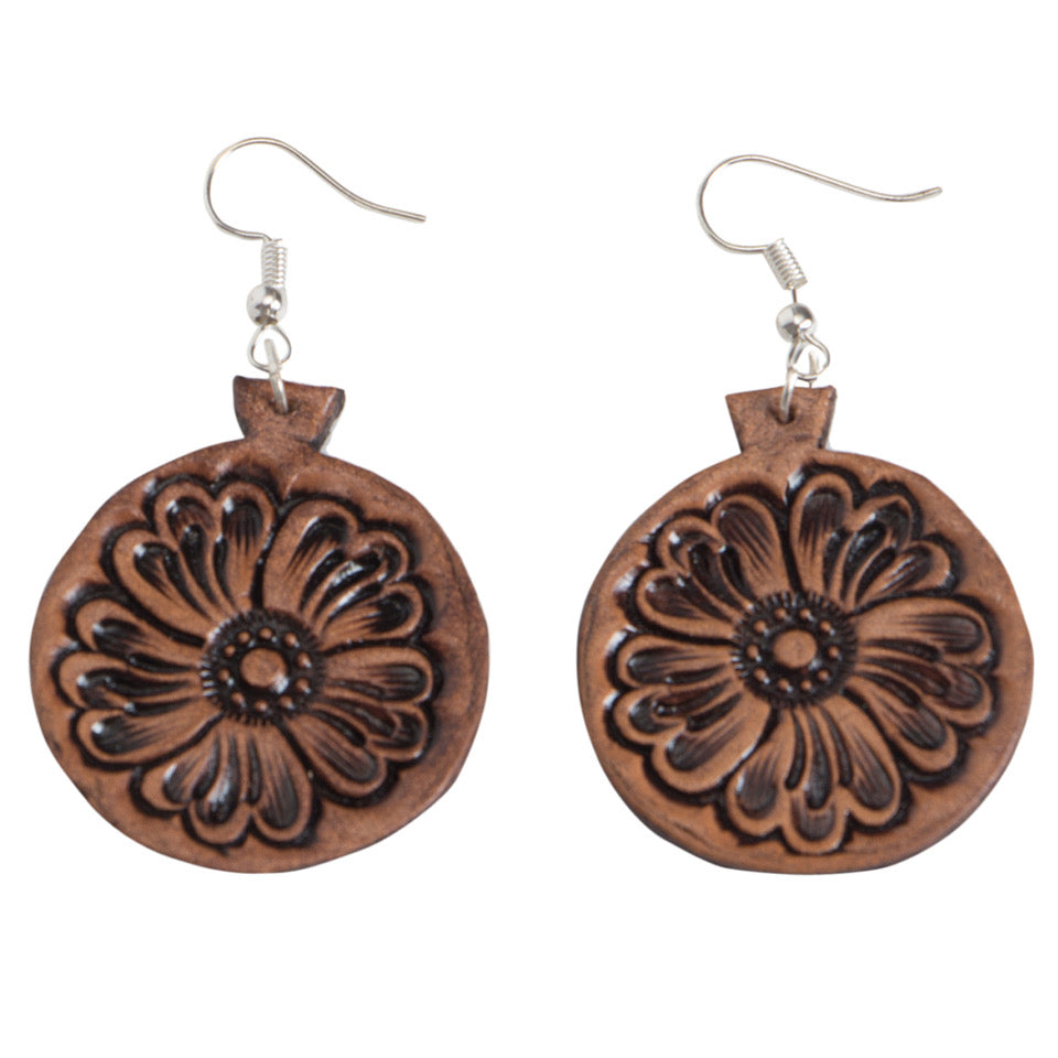 The Design Edge Ladies Tooled Round Drop Leather Earrings - Dark Brown