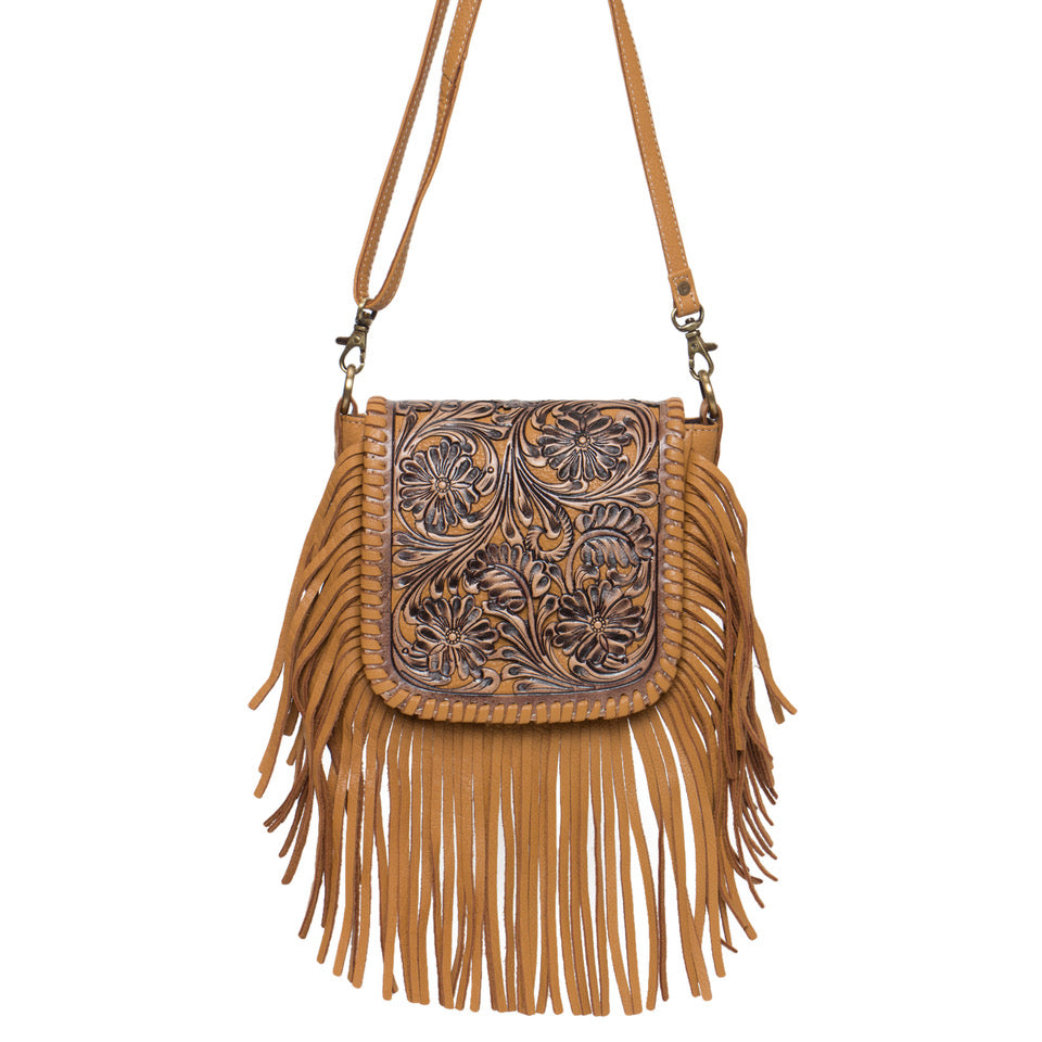 The Design Edge Ladies Hand Carved Flap Sling Bag - Tan Leather  - TLB14