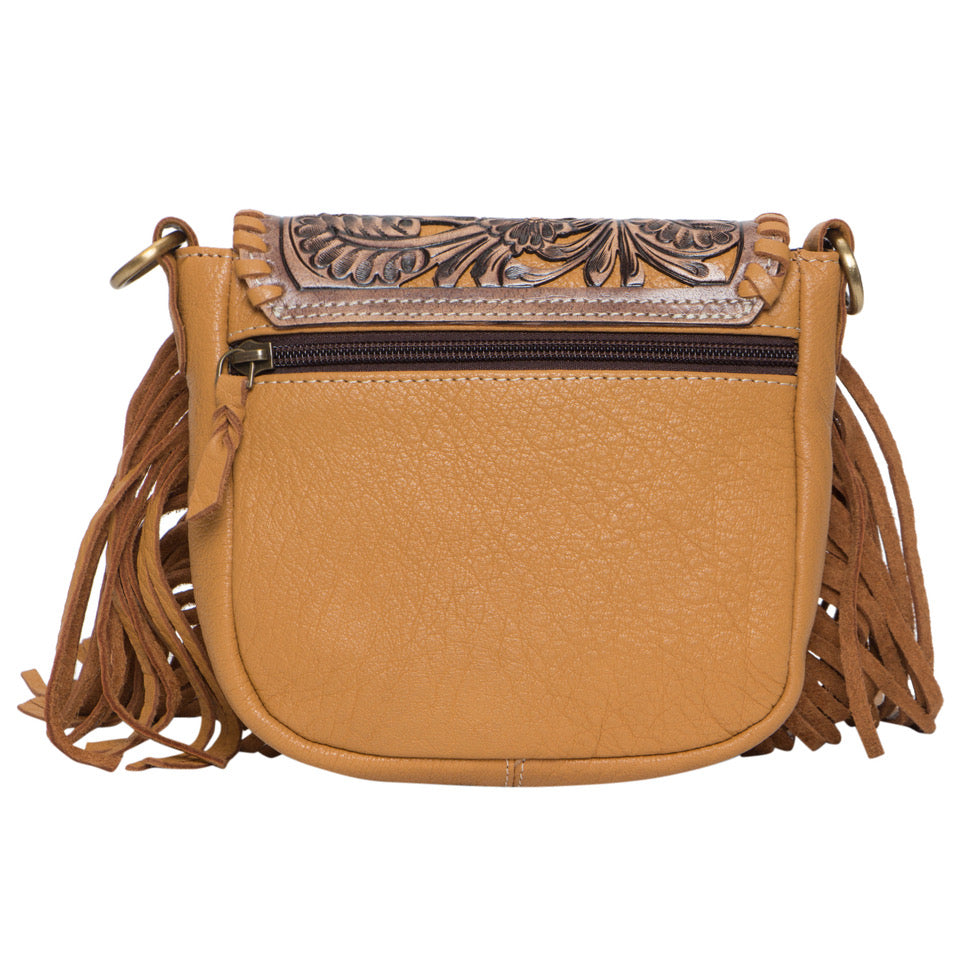 The Design Edge Ladies Hand Carved Flap Sling Bag - Tan Leather  - TLB14