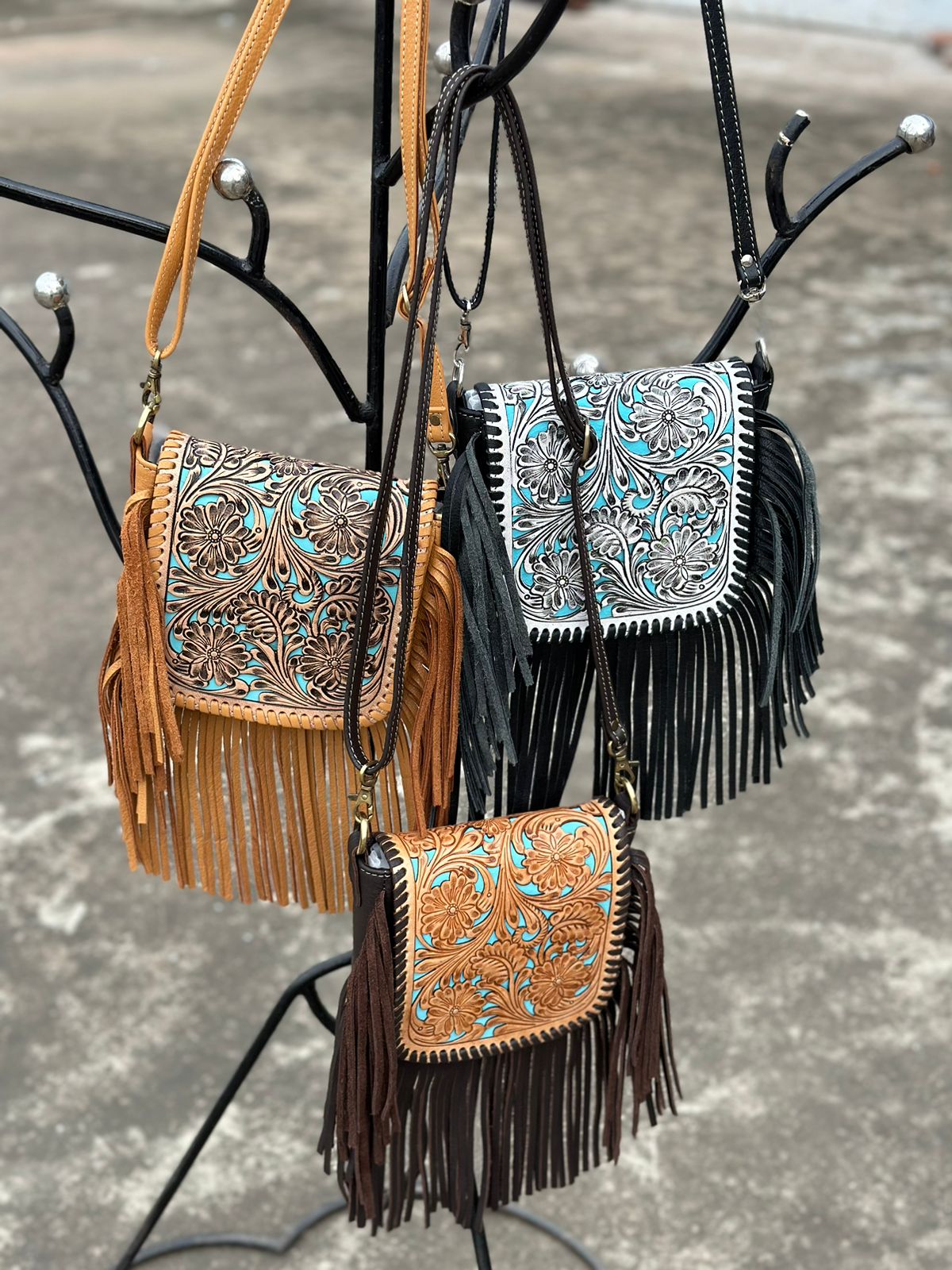The Design Edge Ladies Hand Carved Flap Sling Bag with Turquoise Base - Tan Leather  - TLB14TURQ