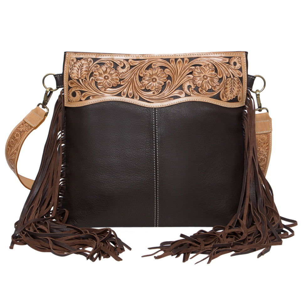 The Arena handtooled leather fringe purse over the shoulder hand