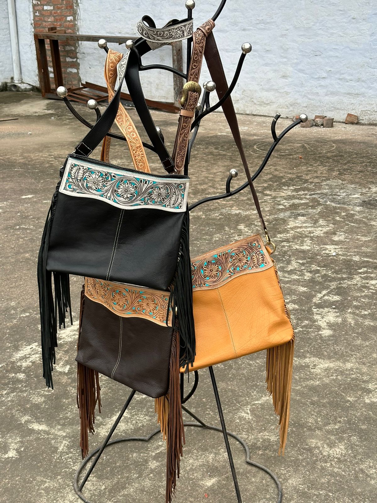The Design Edge Ladies Tooling Hand Carved Medium Sling Bag with Turquoise Base - Dark Brown Leather  - TLB16TURQ