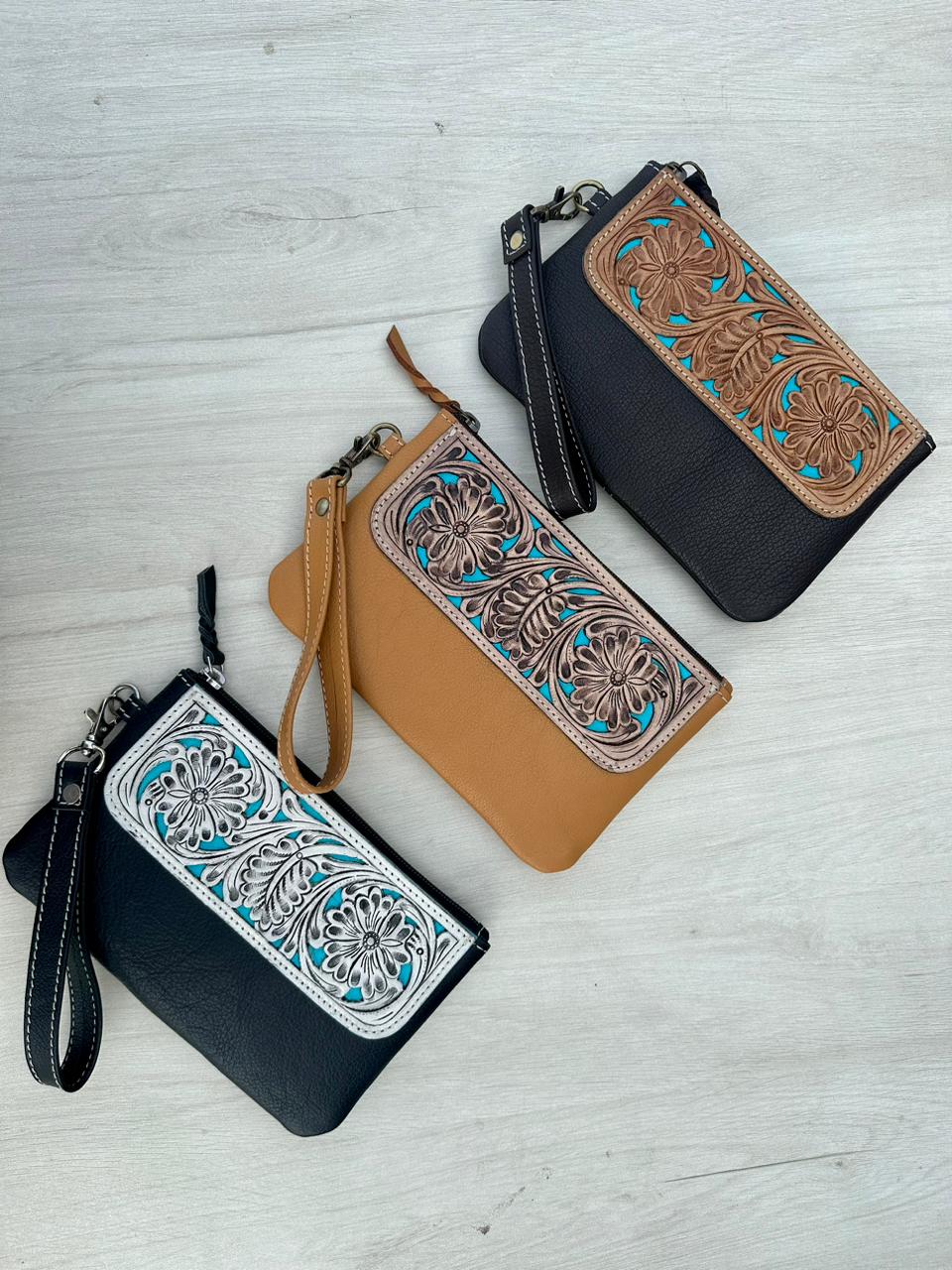 The Design Edge Ladies Tooling Hand Carved Small Clutch with Turquoise Base - Black Leather - TLC45Turq