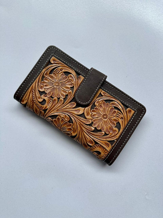 The Design Edge Ladies Tooling Leather Carved Clutch Wallet - Dark Brown - TLW25