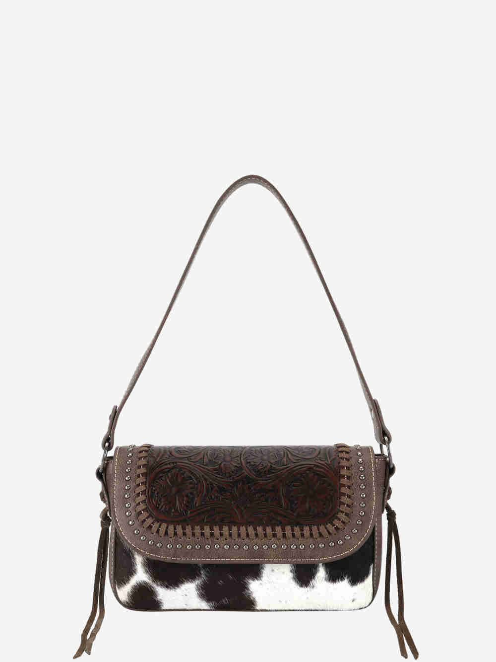 Trinity Ranch Hair-On Cowhide Vintage Floral Tooled Shoulder Bag - Coffee - TRI579288CF