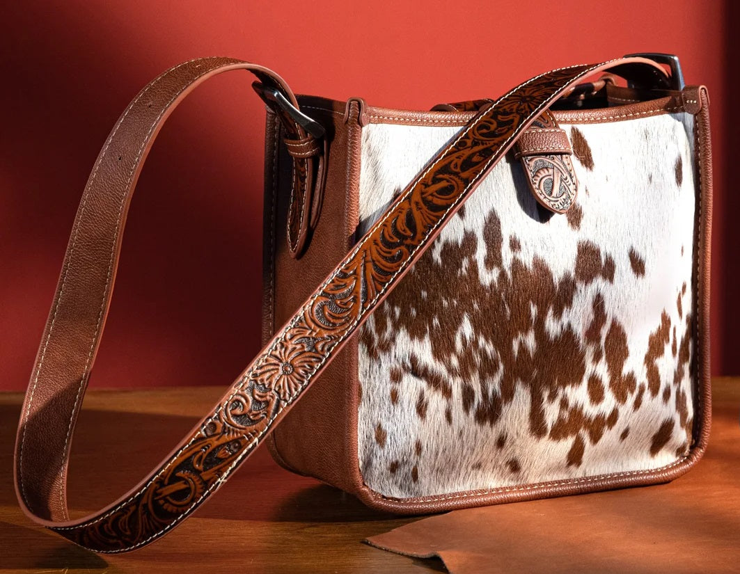 Trinity Ranch Hair-On Cowhide Vintage Floral Tooled Handbag with Adjustable Strap - TR157918CF