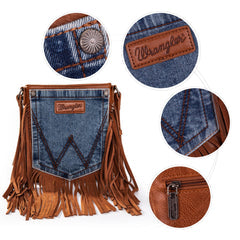 Wrangler Leather Fringe Jean Denim Pocket Crossbody Bag - WG448360BR