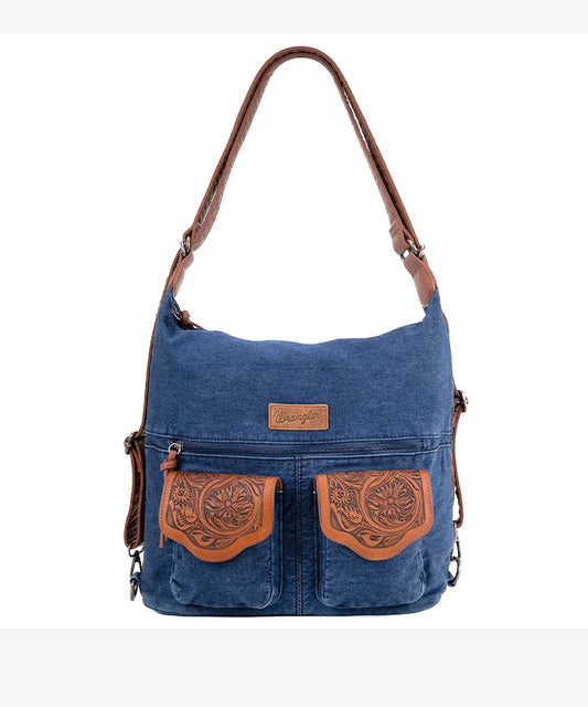 Wrangler Floral Tooled Denim Hobo Crossbody Backpack (Convertible) - Navy - WG1032008
