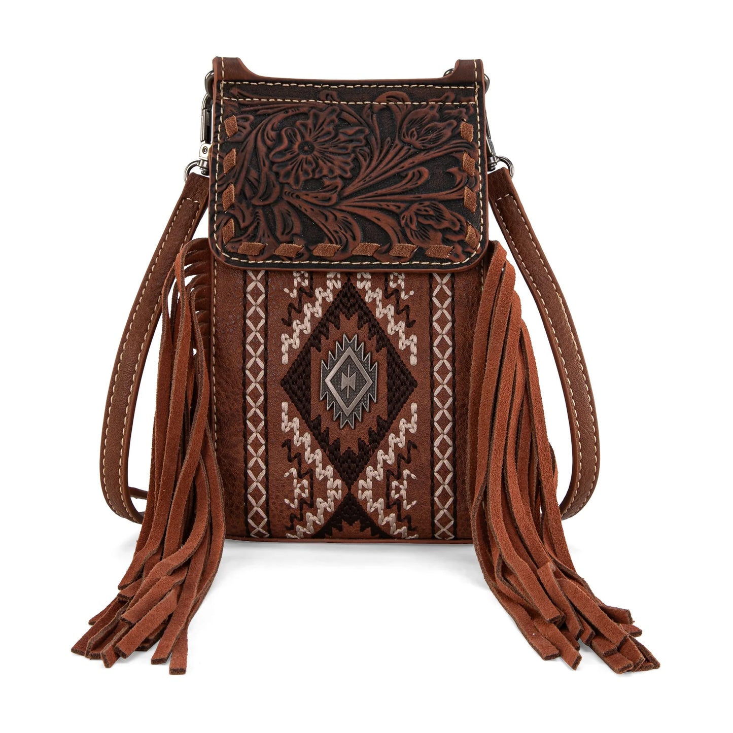 Montana West Tooled Embroidered Phone Crossbody Bag  - Brown