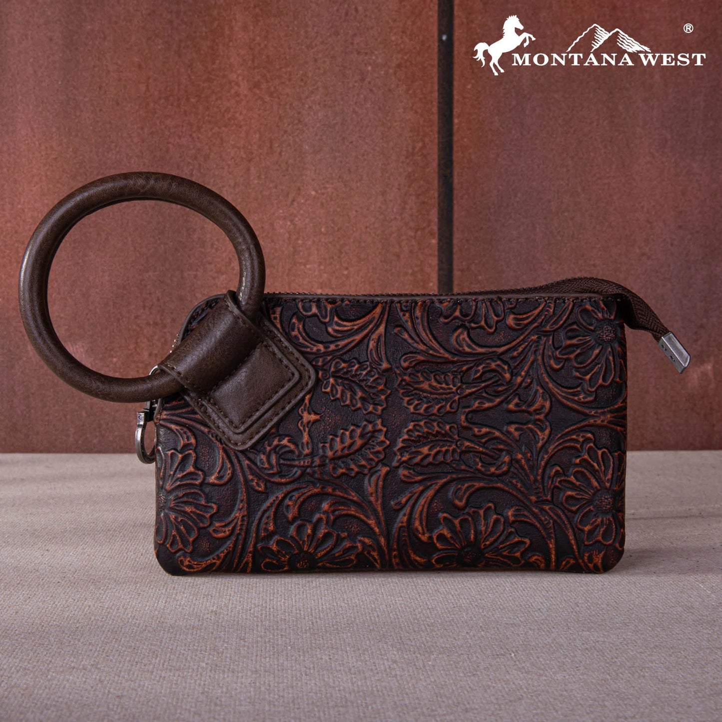 Montana West Floral Tooled Ring Handle Wristlet Clutch Bag - Coffee