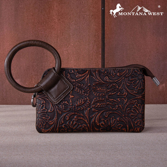 Montana West Floral Tooled Ring Handle Wristlet Clutch Bag - Coffee