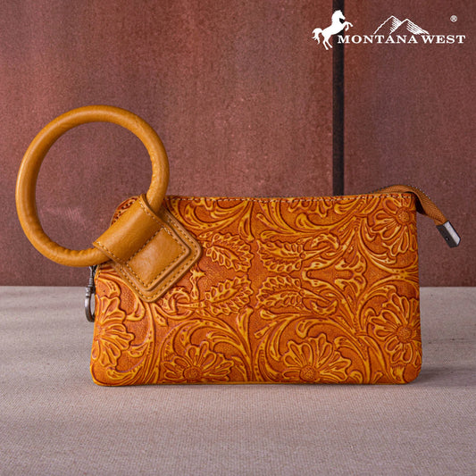 Montana West Floral Tooled Ring Handle Wristlet Clutch Bag - Mustard