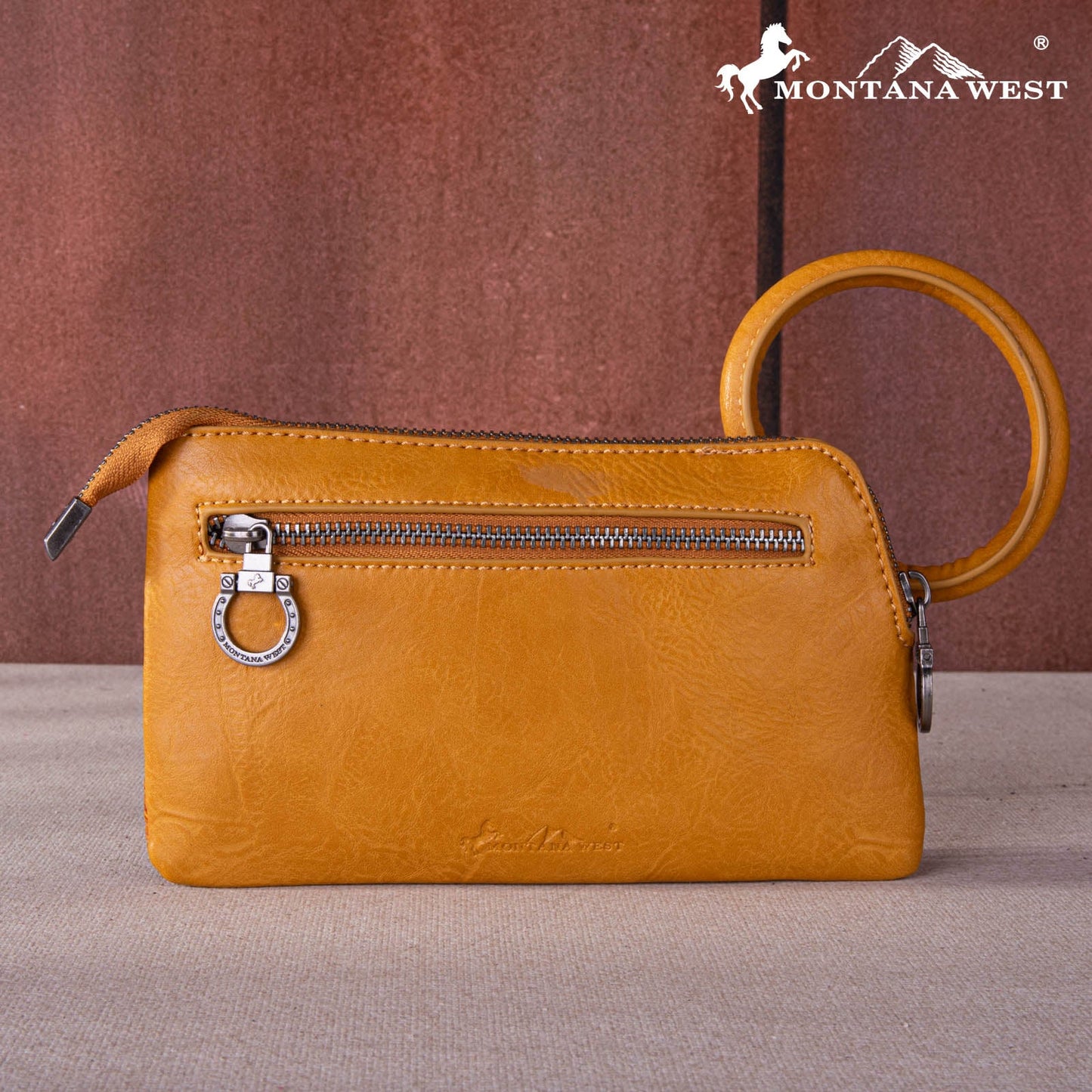Montana West Floral Tooled Ring Handle Wristlet Clutch Bag - Mustard
