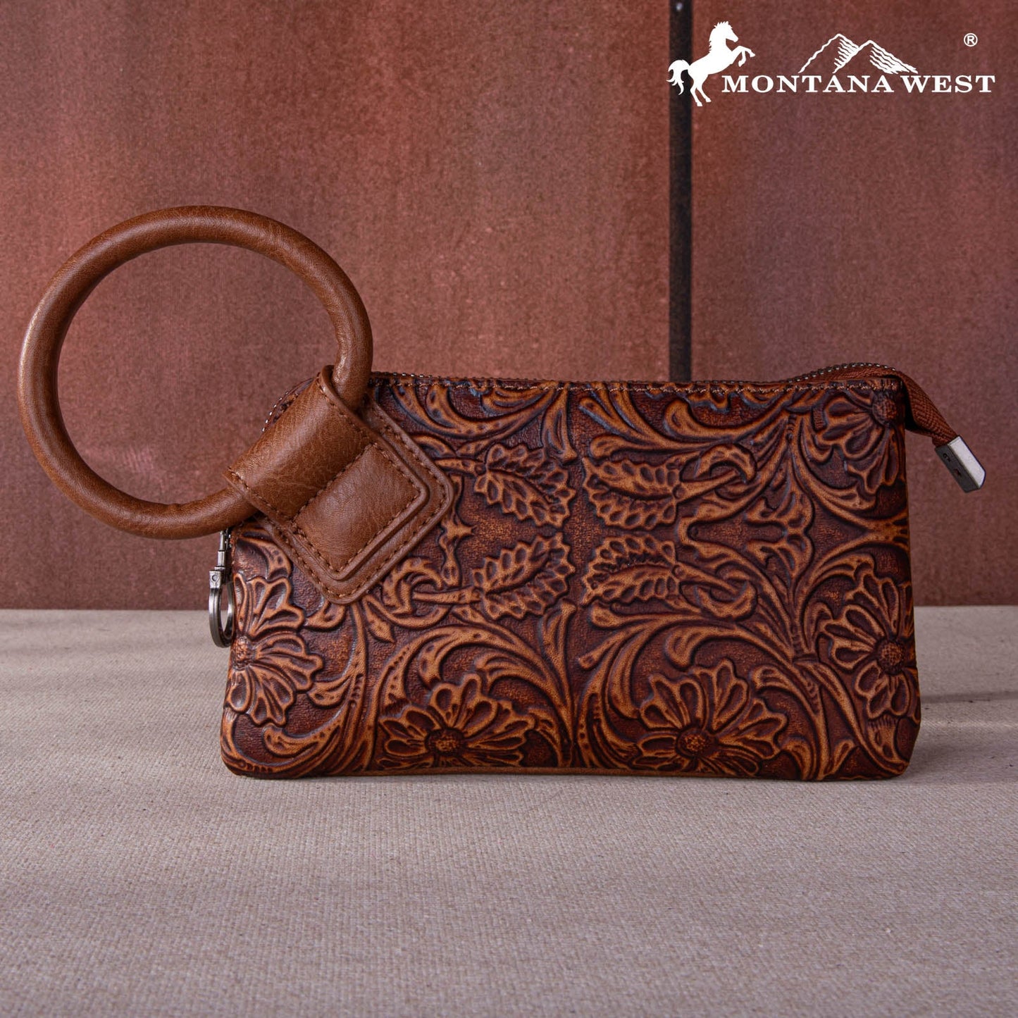 Montana West Floral Tooled Ring Handle Wristlet Clutch Bag - Brown