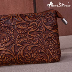 Montana West Floral Tooled Ring Handle Wristlet Clutch Bag - Brown