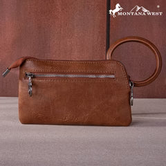 Montana West Floral Tooled Ring Handle Wristlet Clutch Bag - Brown