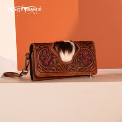 Trinity Ranch Floral Tooled and Hair On Cowhide Wallet - Brown