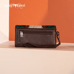 Trinity Ranch Floral Tooled and Hair On Cowhide Wallet - Coffee