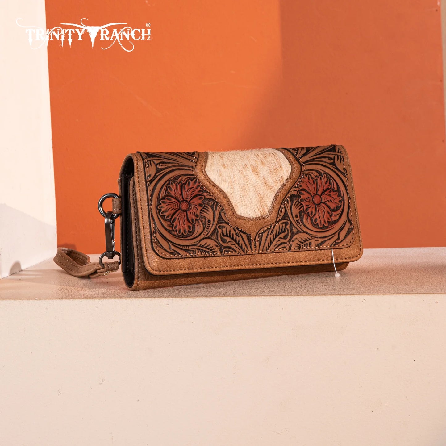 Trinity Ranch Floral Tooled and Hair On Cowhide Wallet - Tan
