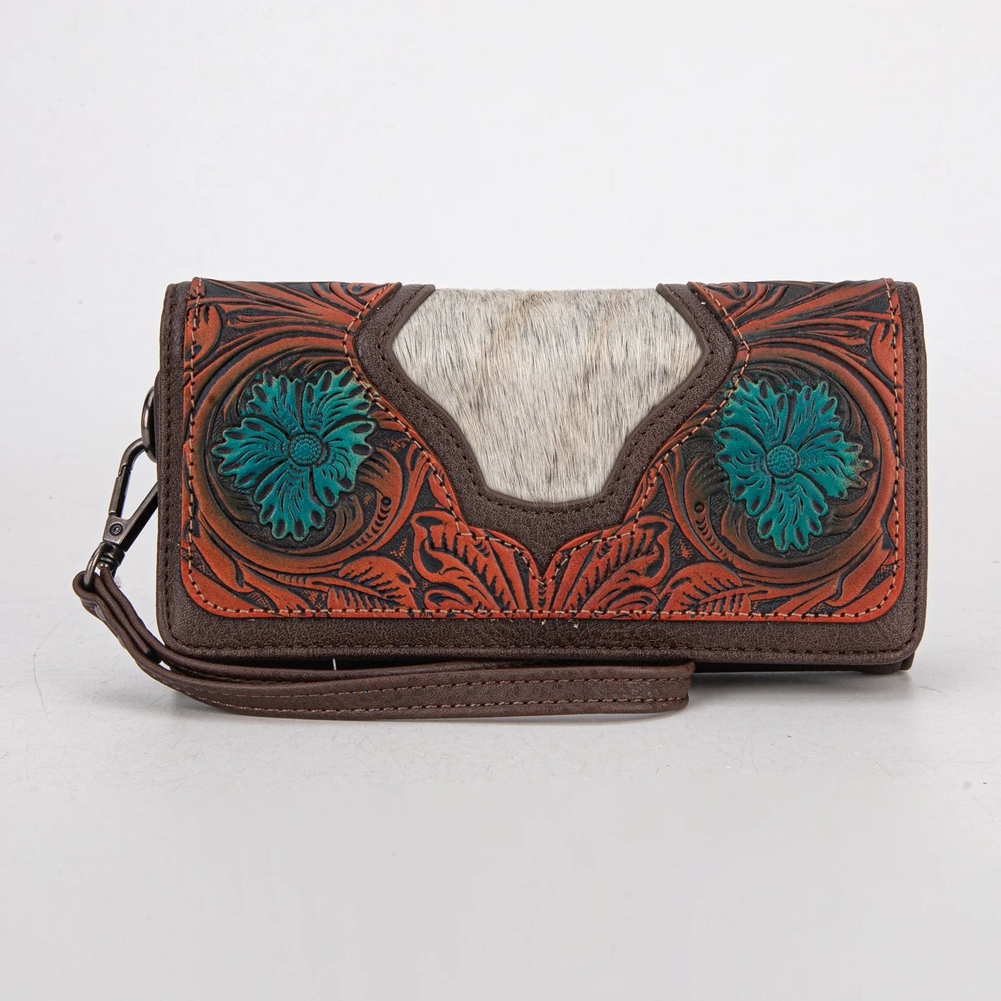 Trinity Ranch Floral Tooled and Hair On Cowhide Wallet - Coffee