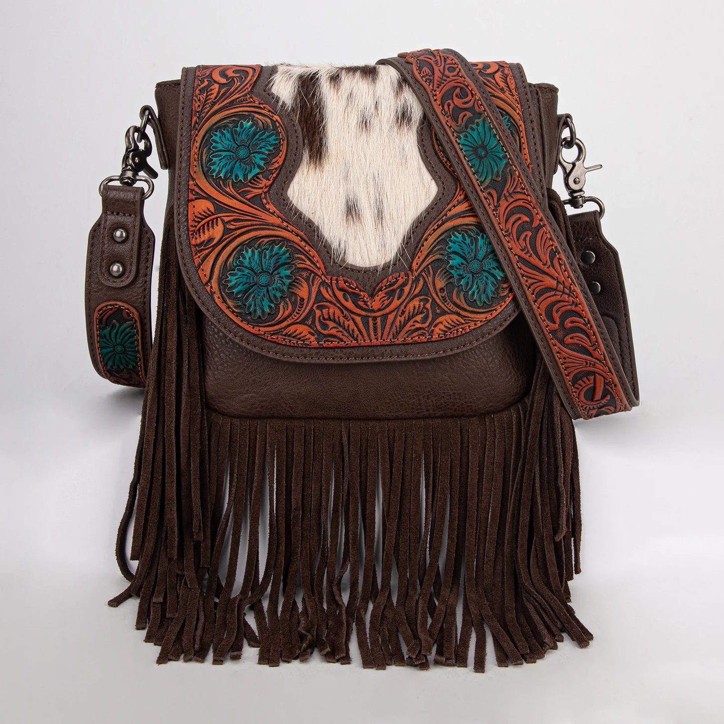 Trinity Ranch Genuine Hair On Cowhide Tooled Fringe Crossbody Bag - Coffee