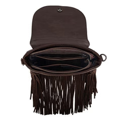 Trinity Ranch Genuine Hair On Cowhide Tooled Fringe Crossbody Bag - Coffee