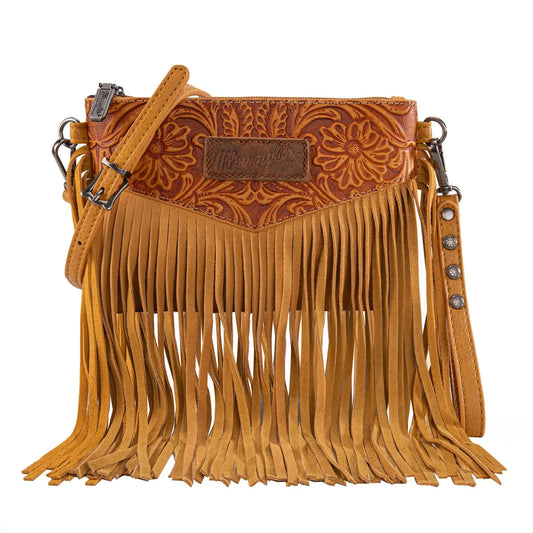 Wrangler Vintage Floral Tooled Collection Fringed Crossbody Bag - Yellow - WG63181YL