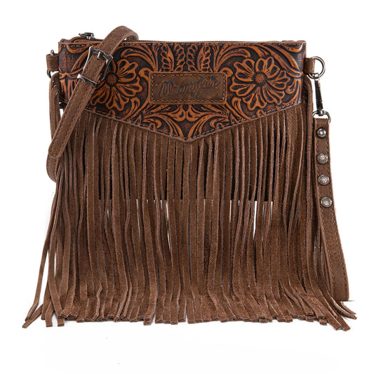 Wrangler Vintage Floral Tooled Collection Fringed Crossbody Bag -Oakwood - WG63181OW