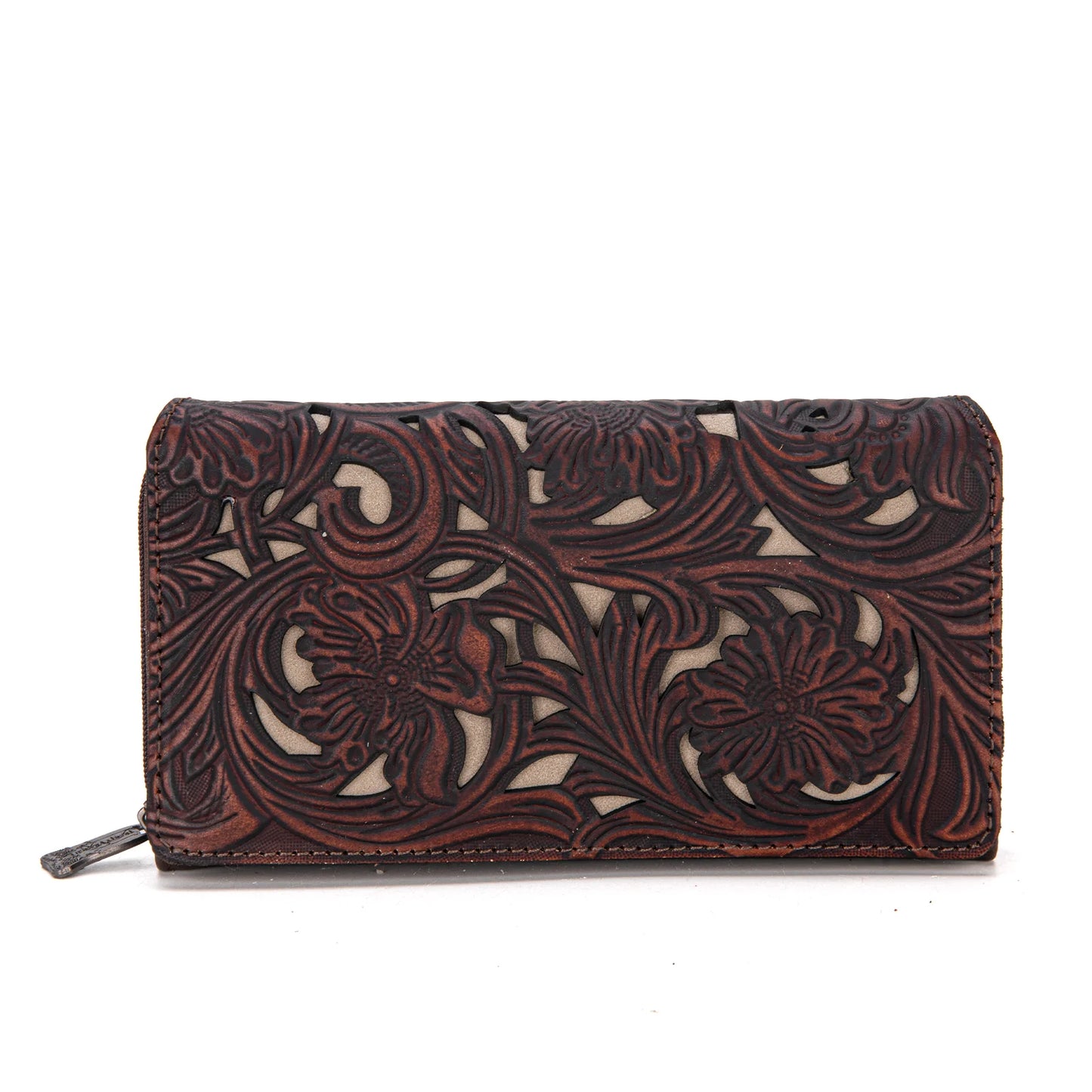 Trinity Ranch Floral Tooled Wallet - Khaki and Coffee
