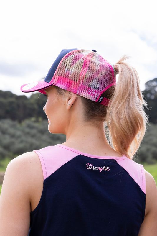 Wrangler Harmony High Profile  Ponytail Trucker Cap - Pink/Navy - X3S2946CAP