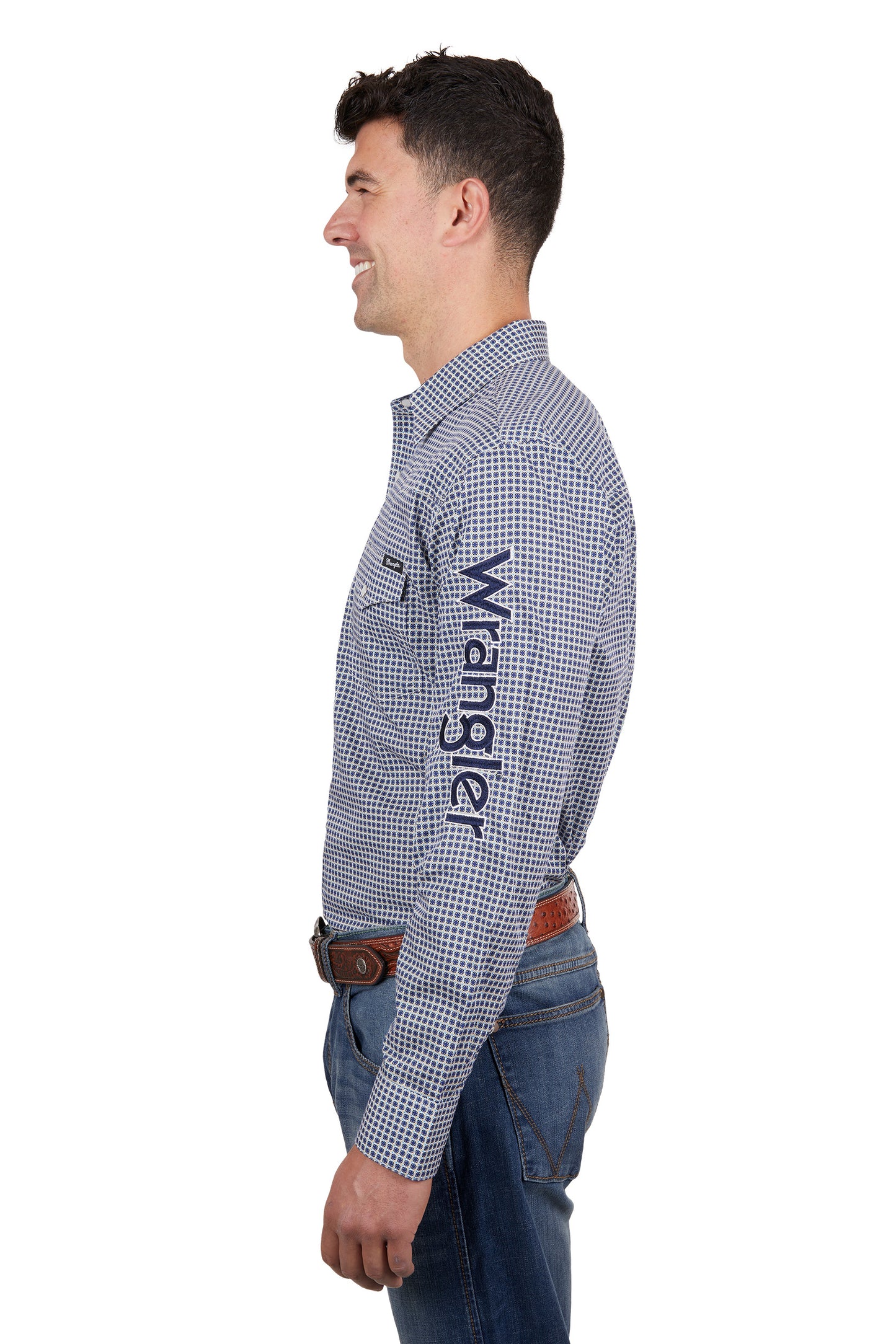 Wrangler Mens Peter Print Logo Western Long Sleeved Shirt - Navy/Tan