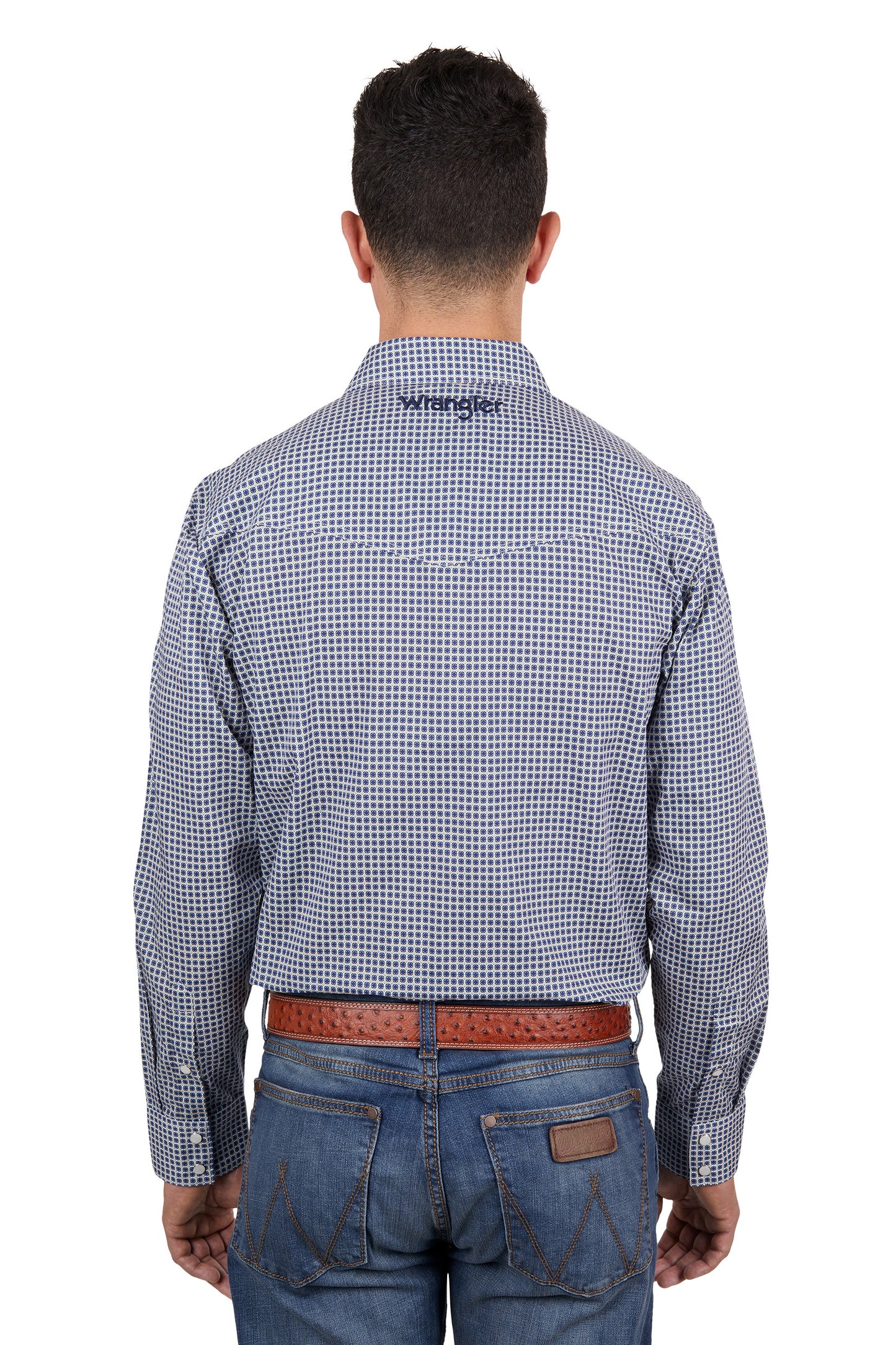 Wrangler Mens Peter Print Logo Western Long Sleeved Shirt - Navy/Tan