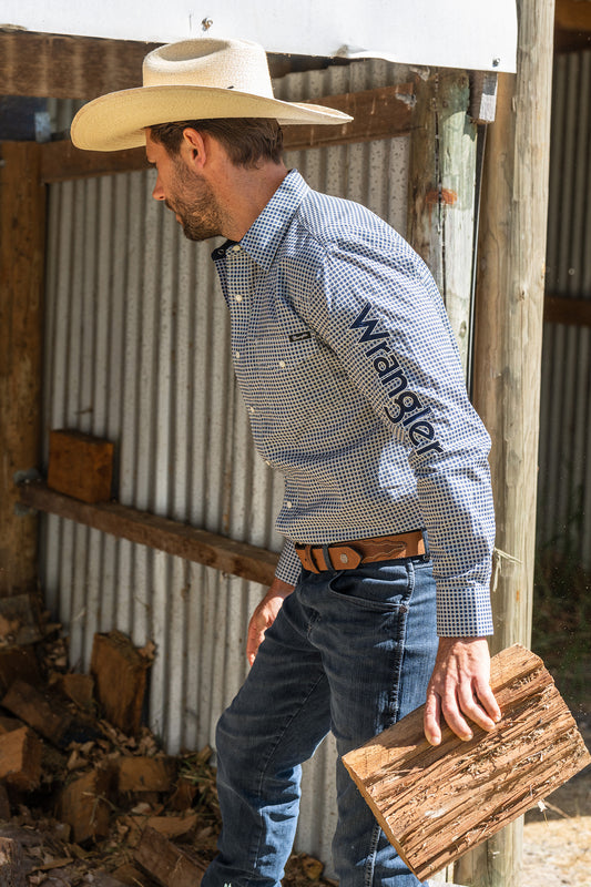 Wrangler Mens Peter Print Logo Western Long Sleeved Shirt - Navy/Tan