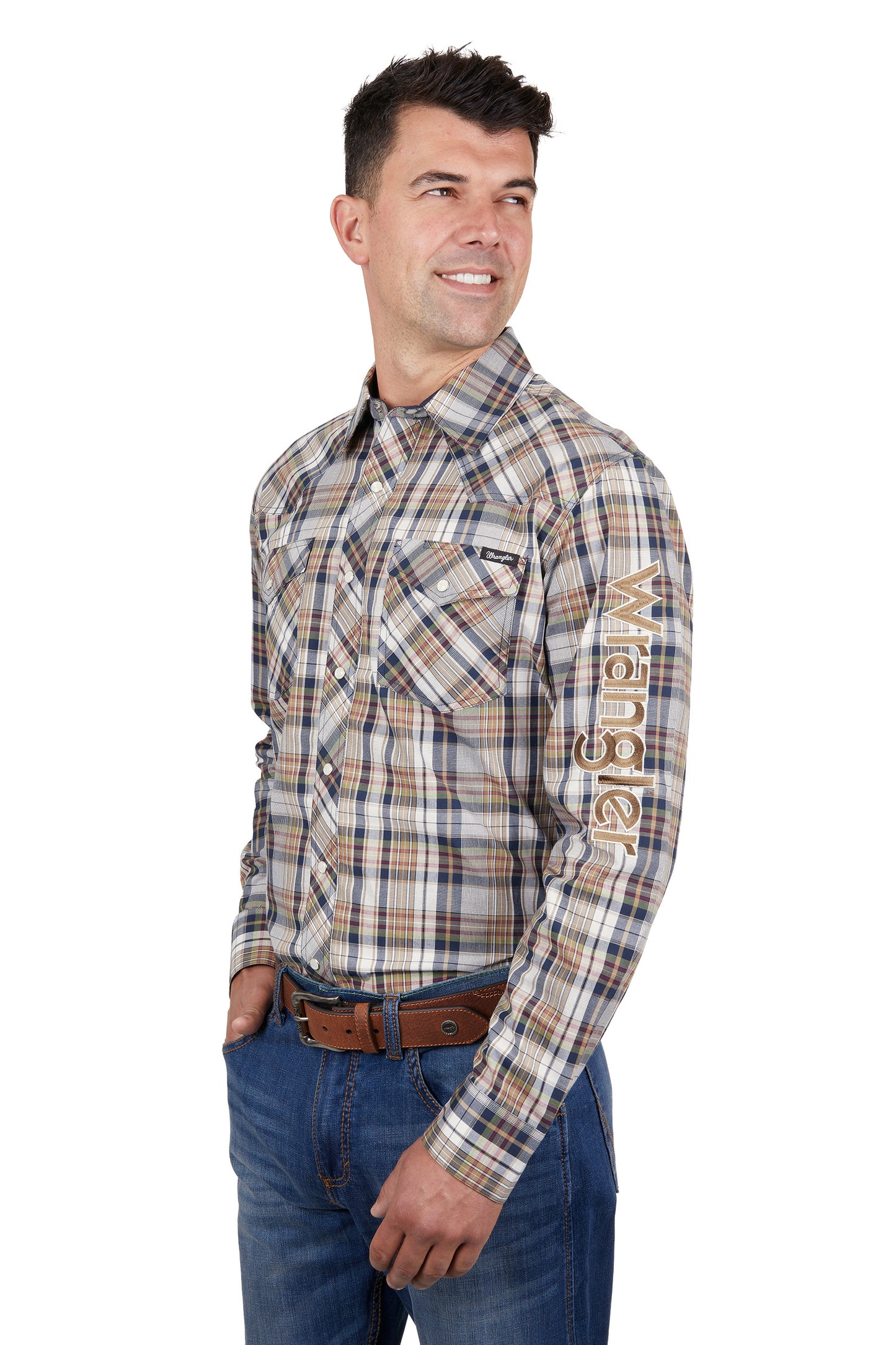 Wrangler Mens Tom Check Logo Western Long Sleeved Shirt - Navy/Tan