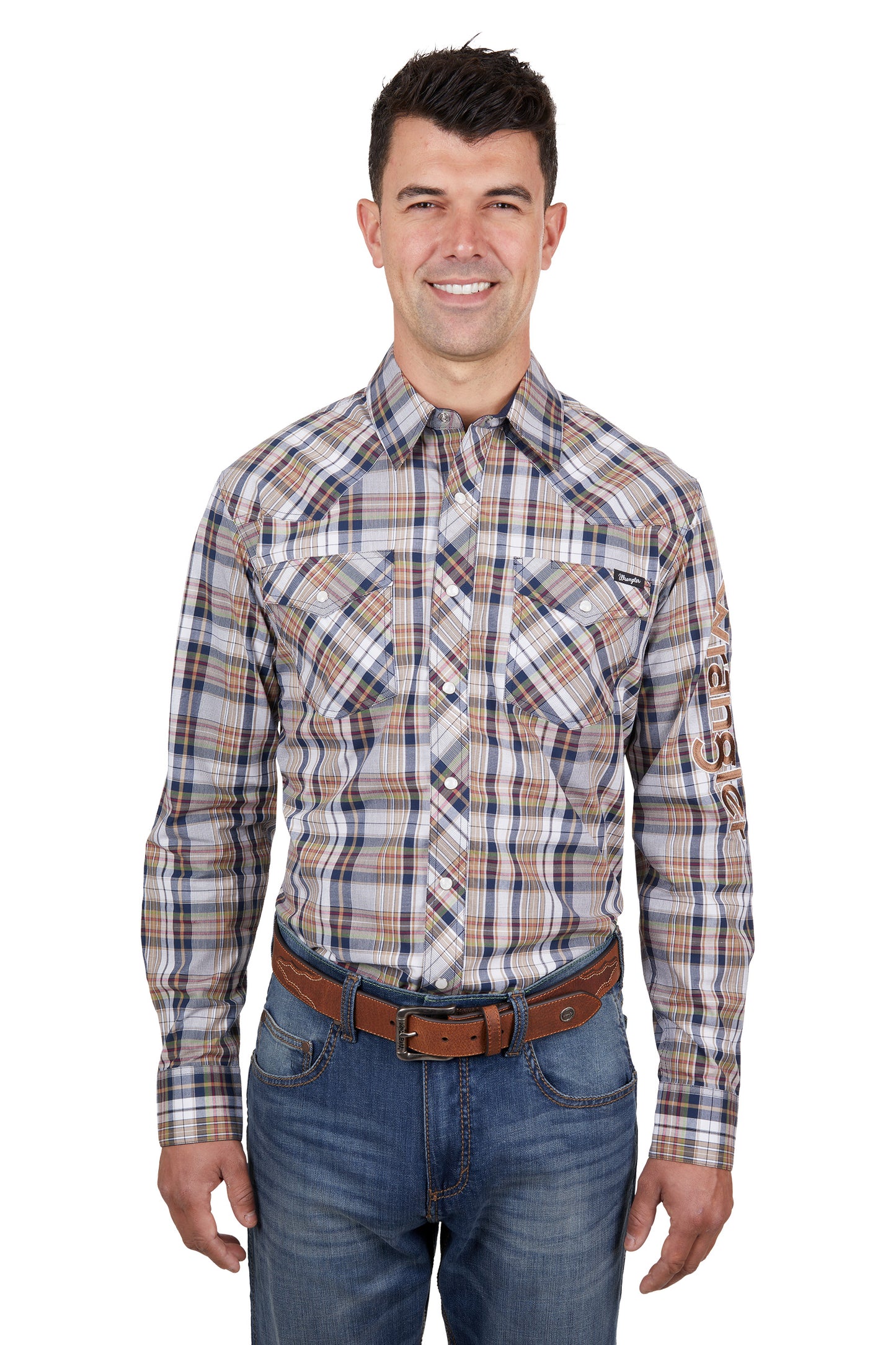 Wrangler Mens Tom Check Logo Western Long Sleeved Shirt - Navy/Tan