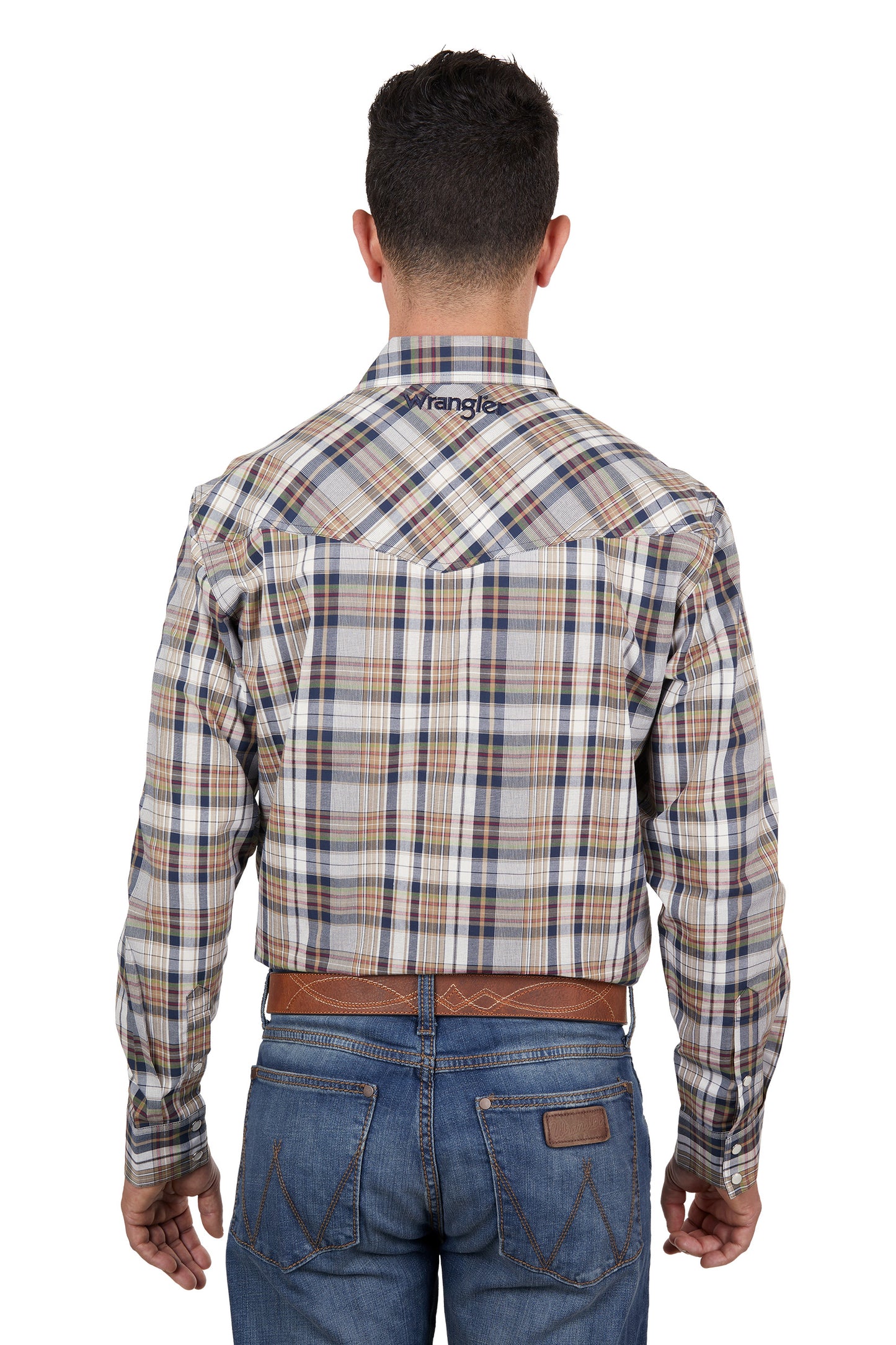 Wrangler Mens Tom Check Logo Western Long Sleeved Shirt - Navy/Tan