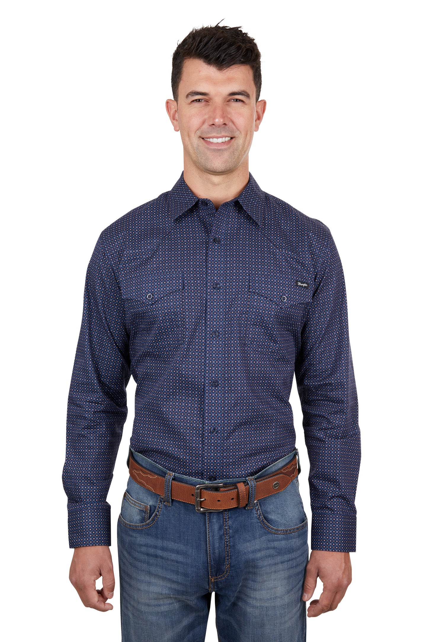 Wrangler Mens Cam Print Western Long Sleeved Shirt - Navy/Blue