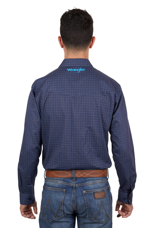 Wrangler Mens Cam Print Western Long Sleeved Shirt - Navy/Blue