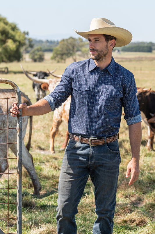 Wrangler Mens Cam Print Western Long Sleeved Shirt - Navy/Blue