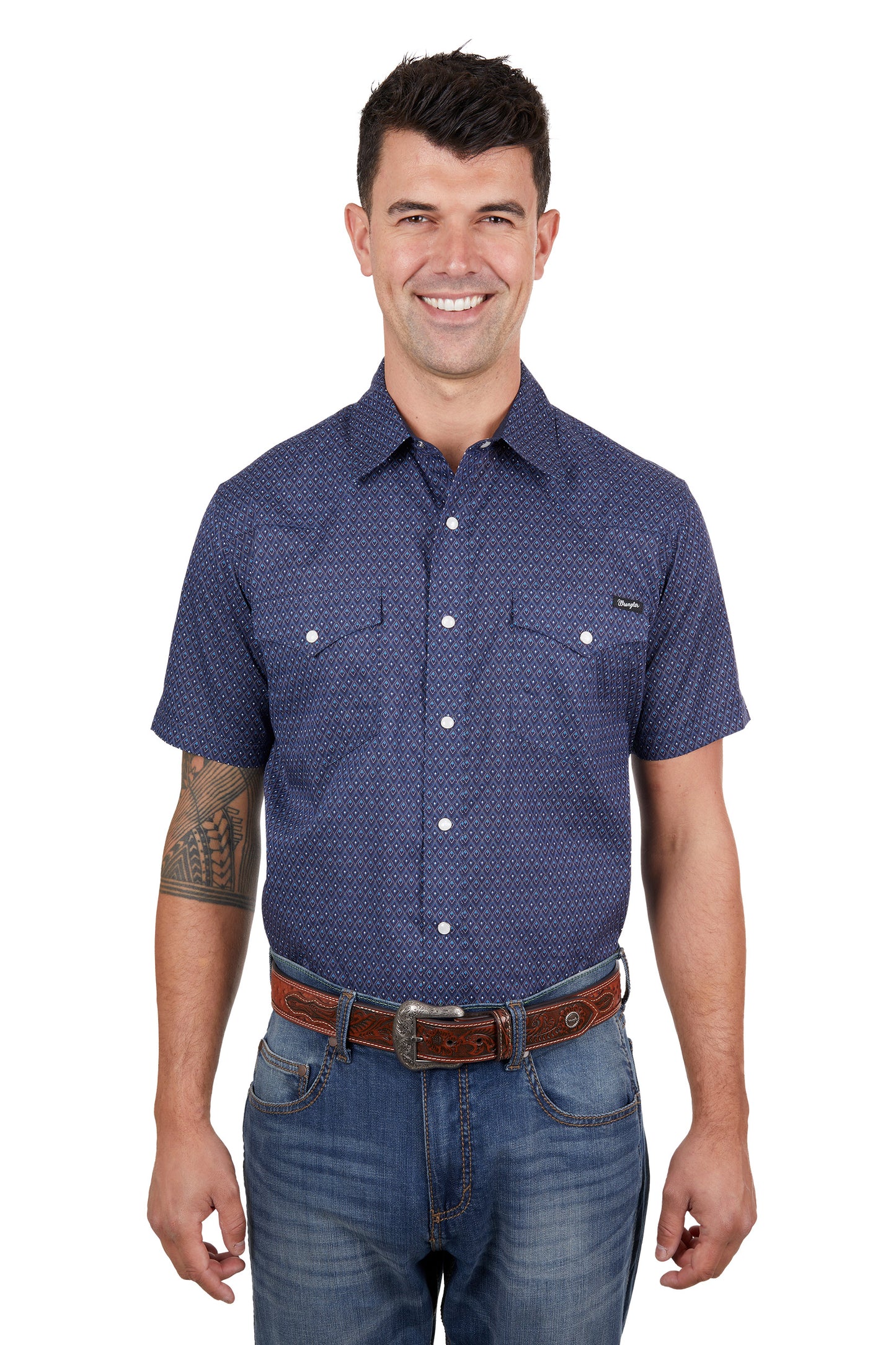 Wrangler Mens Matt Print Western Short Sleeved Shirt - Navy/Blue