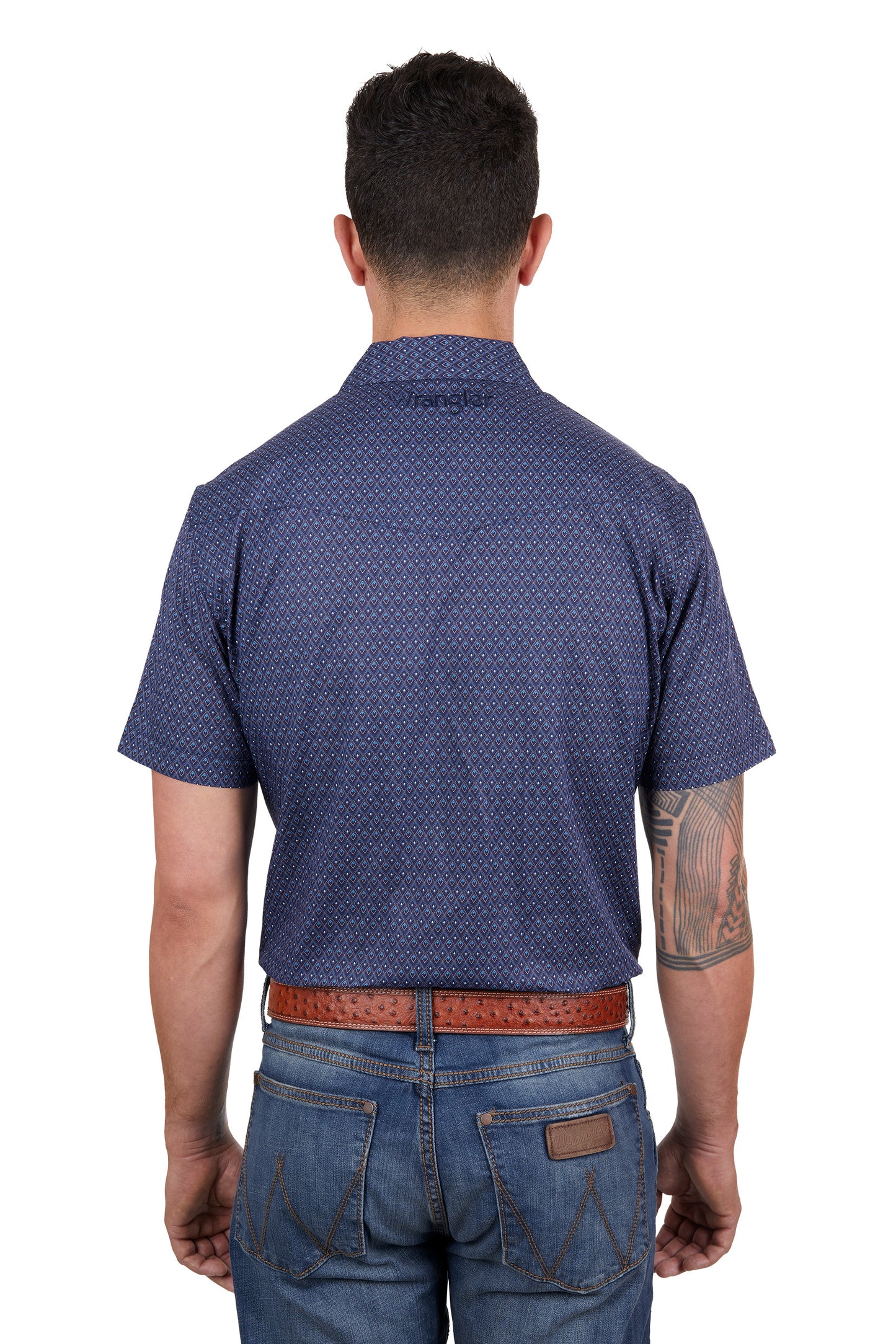 Wrangler Mens Matt Print Western Short Sleeved Shirt - Navy/Blue
